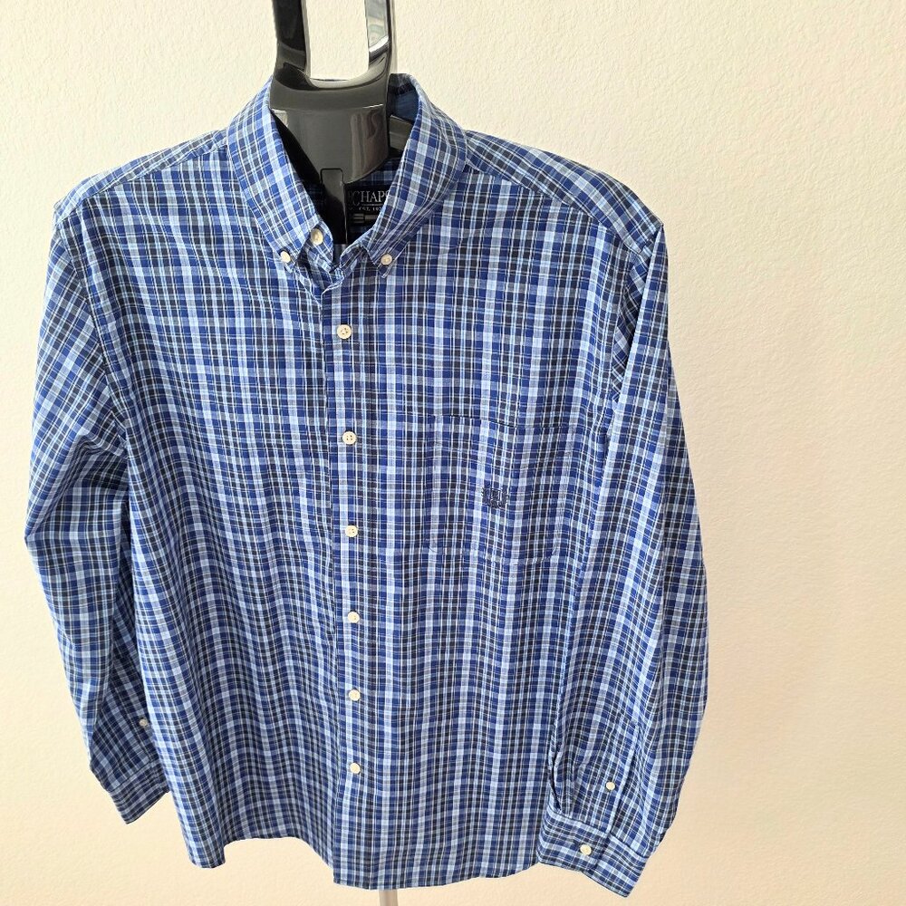 CHAPS EASY CARE MENS L PLAID IN BLUES LONG SLEEVE SHIRT.